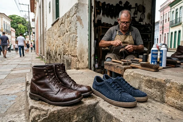 Sapatos impermeabilizados em um ambiente urbano, prontos para uso.