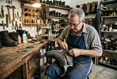 Sapateiro ajustando o zíper de uma bota com ferramentas adequadas.