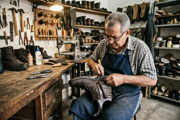 Sapateiro ajustando o zíper de uma bota com ferramentas adequadas.