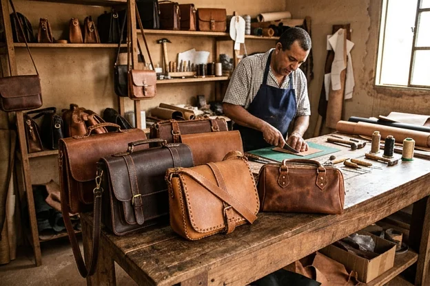 Bolsas de couro expostas, mostrando a textura e a qualidade do material.