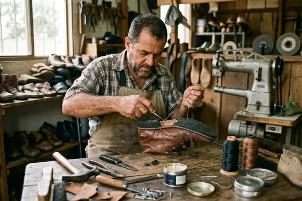 Sapatos sendo reparados com ferramentas específicas, mostrando qualidade no trabalho.