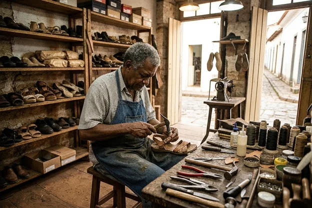 Profissional consertando uma sandália com atenção aos detalhes.