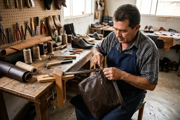 Sapateiro reparando uma bolsa de couro com materiais específicos.