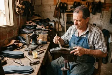 Sapateiro colando a sola de um sapato para reparo.