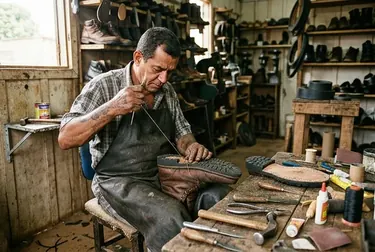 Sapateiro trocando o solado de um sapato com ferramentas especializadas.